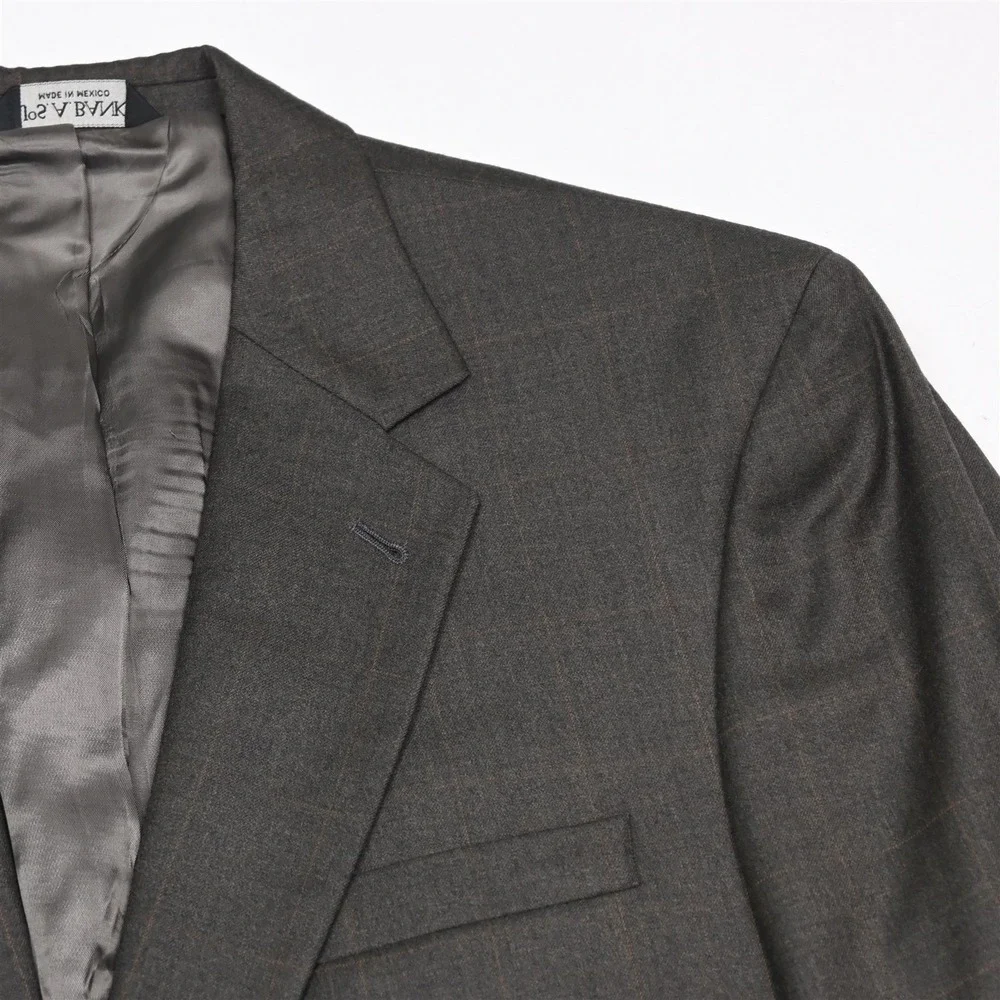 Jos A Bank 43R 36x30 Olive Green Windowpane 100% Wool Gordon Mens‎ Suit